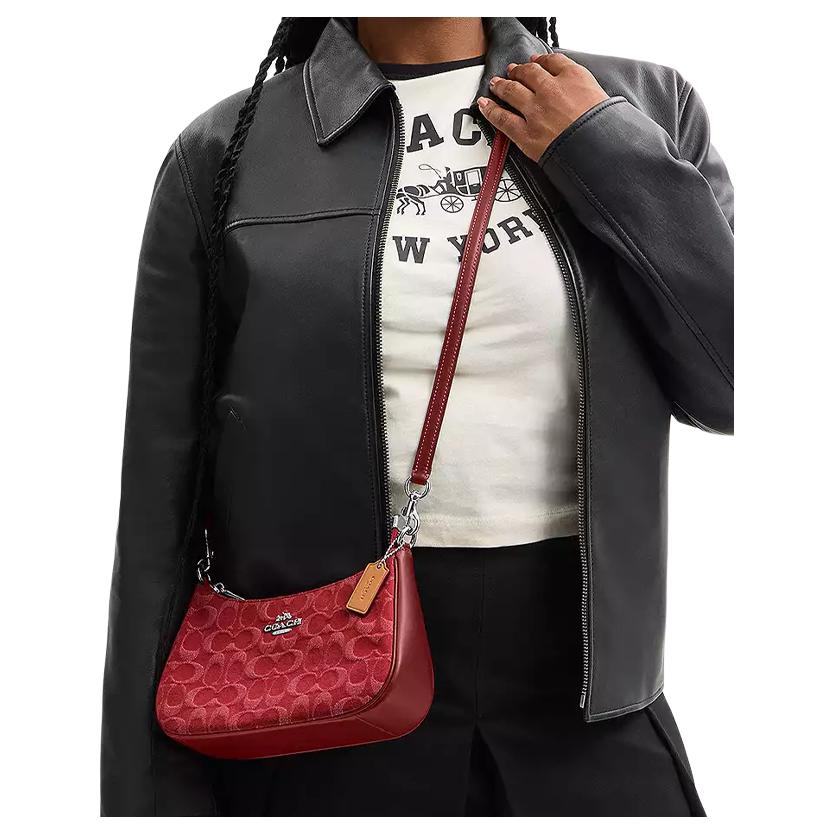 COACH Teri 24 Zipper Closure Denim Single Shoulder Bag Medium Size Women's Red