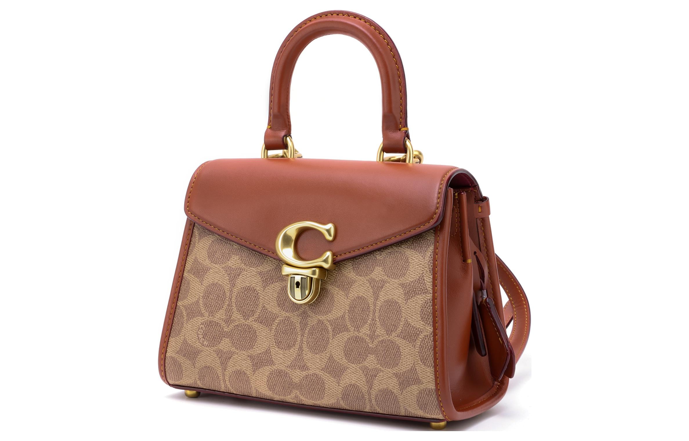 حقيبة يد Coach بتصميم Signature وقفل حرف C مميز - لون بني