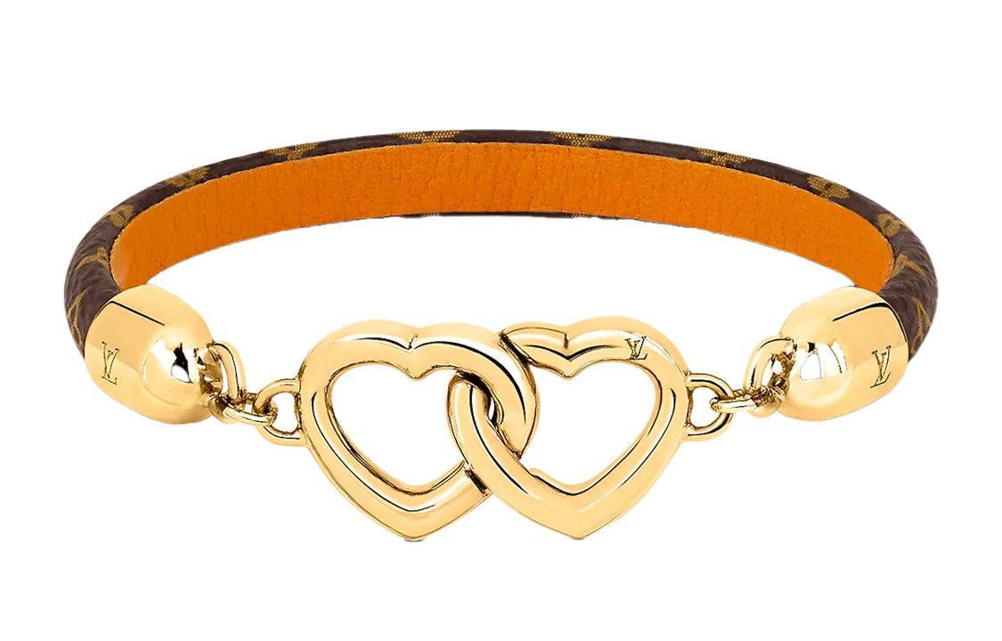 LOUIS VUITTON SAY YES Double Heart Embellished Canvas Cowhide Bracelet Women's Gold.