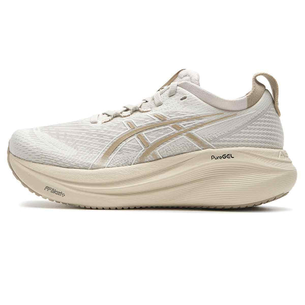 ASICS Gel-Nimbus 27 beige running shoe with PureGEL™ technology for comfort.