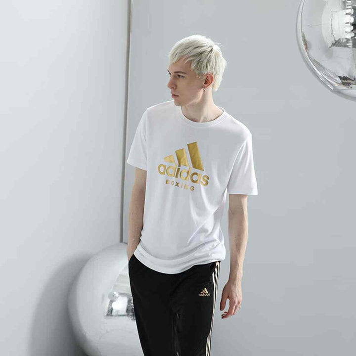 adidas short sleeve men's summer outdoor sports T-shirt in white with gold logo.