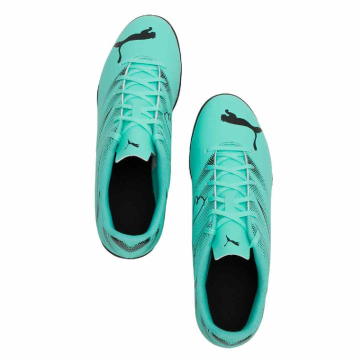 Puma turquoise and black football shoes for artificial grass.