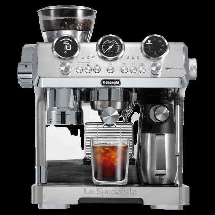 ديلونجي DeLonghi La Specialista EC9885.M espresso machine with built-in grinder, milk frother, and digital controls for professional coffee brewing.