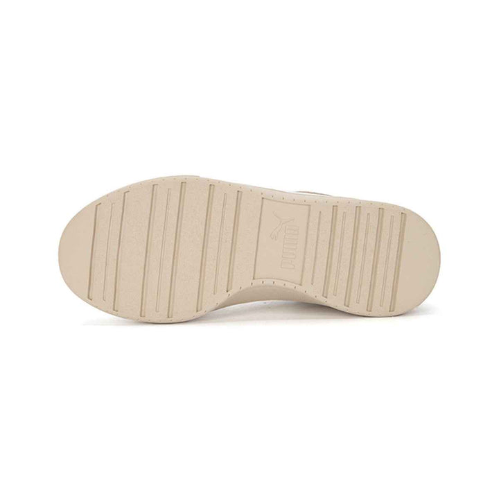 Puma beige suede sneakers with durable rubber sole and classic white stripe, suitable for men and women.
