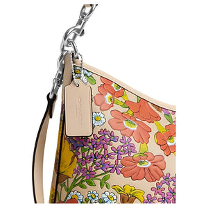 COACH Laurel 31 floral print smooth leather hand-carry shoulder bag, large size for women, silver patch ivory color multi-color
