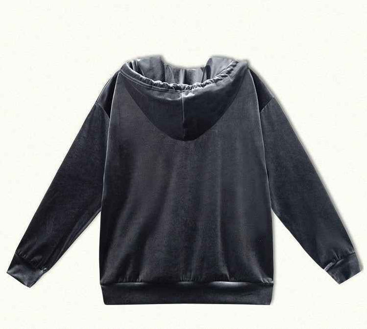 Juicy Couture black velvet hoodie with red sequin Juicy graphic, luxurious and trendy design.