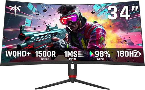 KTC شاشة العاب منحنية فائقة الاتساع 34 انش 165Hz، 21:9، WQHD (3440x1440p)، 1 مللي ثانية، 1500R، مزامنة جي فريز، صورة بالصورة، الارتفاع/الميل/الدوران/المحور، كمبيوتر، أسود، VA، 2560 x 1440