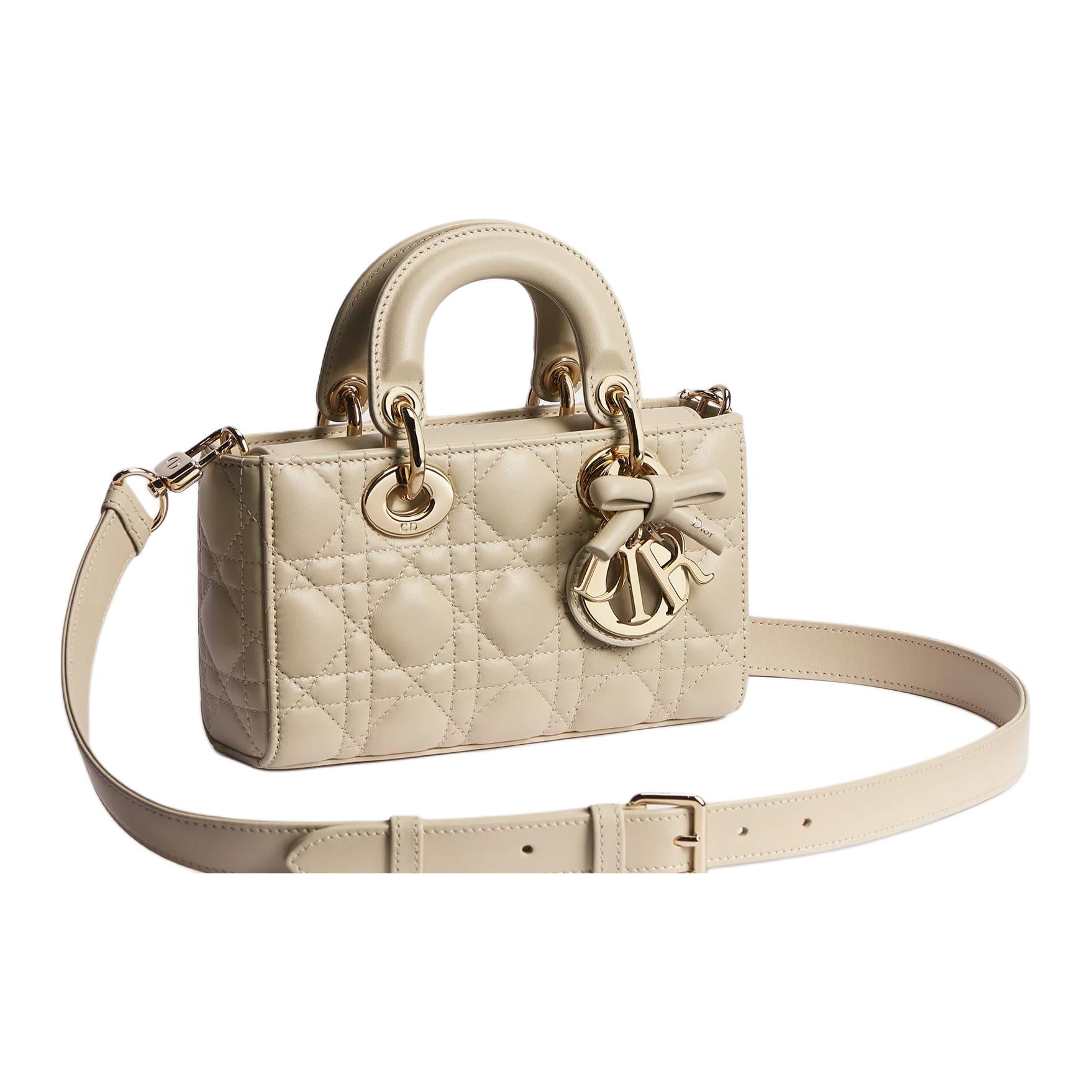 DIOR Lady D-Joy Five-Check Plaid Logo Charm Detachable Leather Bow Sheepskin Diana Bag Crossbody Handbag Mini Women's Camel Beige
