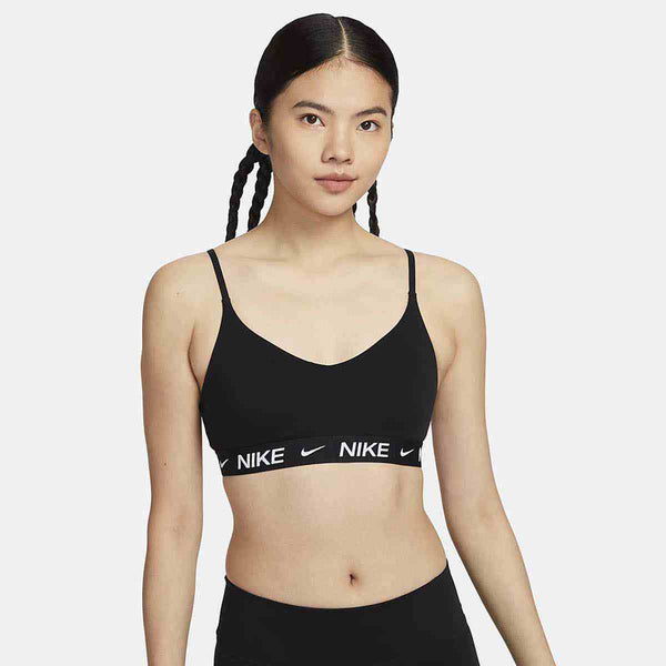 Black Nike women's lightweight sports bra with thin adjustable straps and elastic band logo, racerback design for light support and comfort.