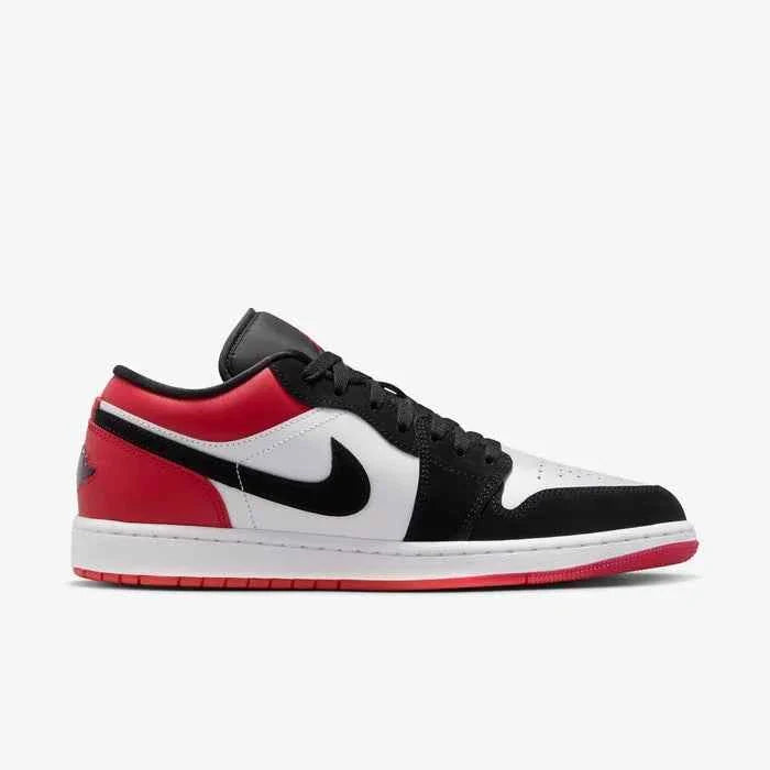 Air Jordan 1 Low men's shoe in white, varsity red, and black.