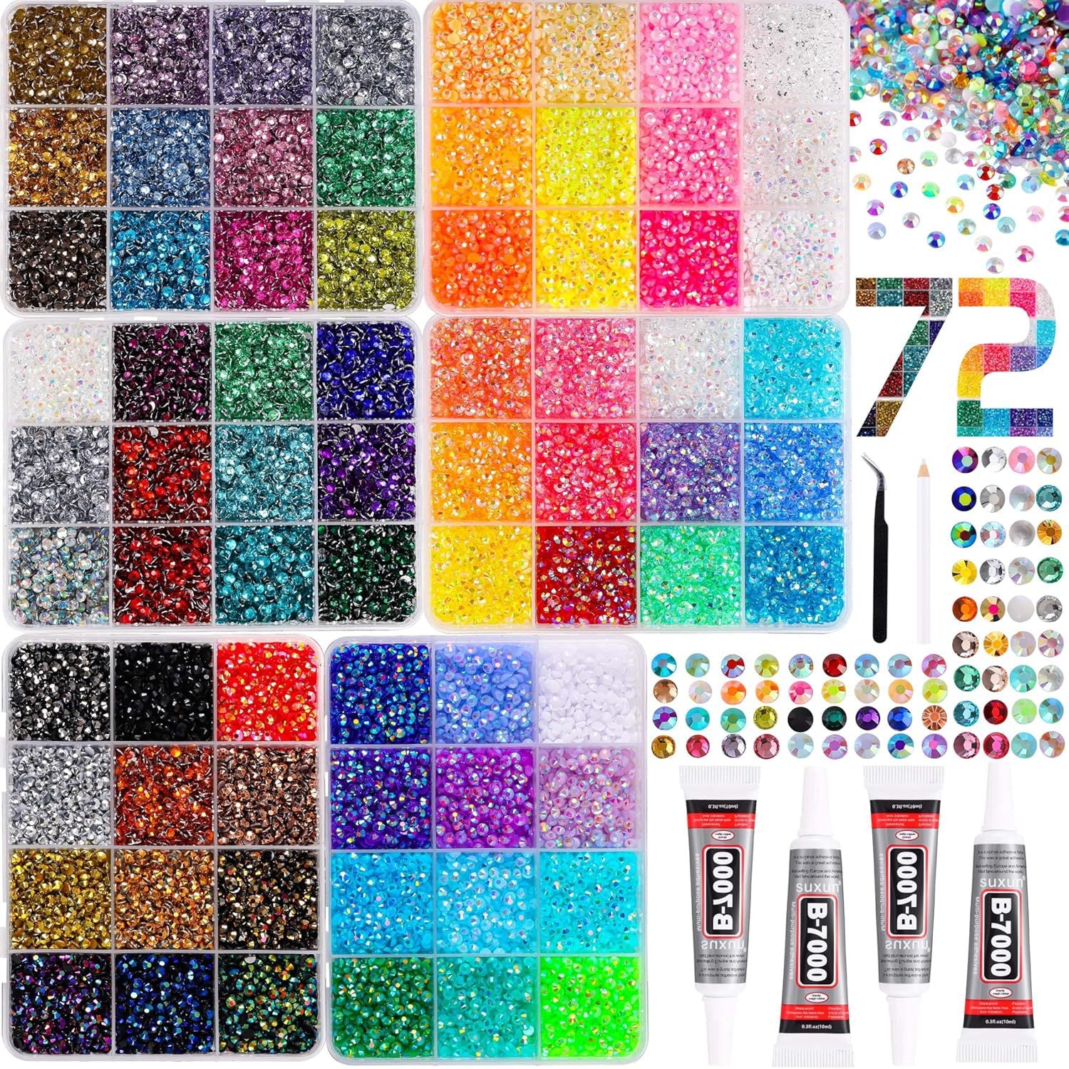 72 compartment multicolor rhinestones set with tools - أحجار الراين 72 خانة وفصوص كريستالية