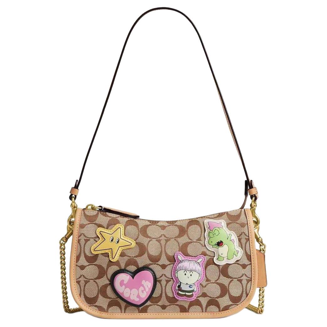 COACH x Brain Dead Collaboration Waverly 24 Brass Metal Hardware Fabric Cowhide Leather Crossbody Shoulder Bag Small Women's Khaki