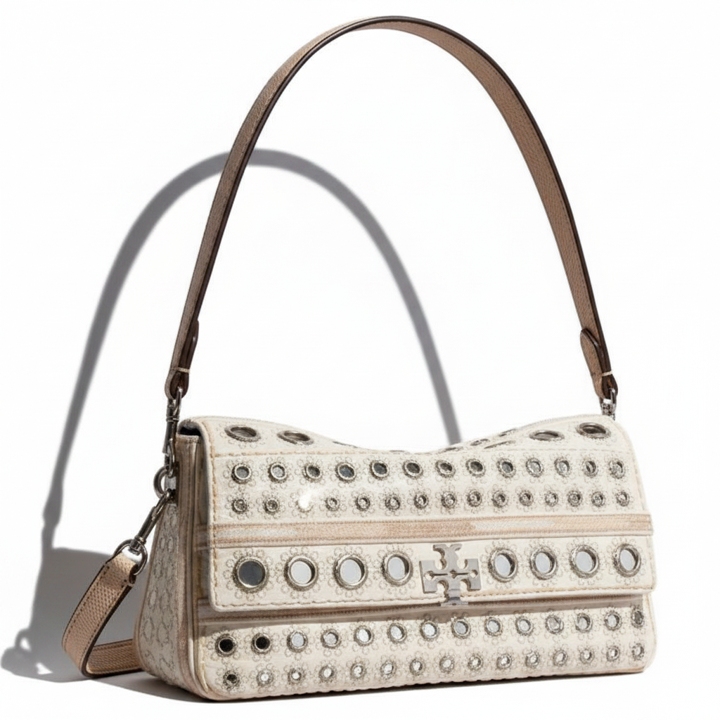 TORY BURCH Charlie brand logo, hand-embroidered craftsmanship, cotton shoulder bag, small size, women's, ivory white