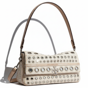 TORY BURCH Charlie brand logo, hand-embroidered craftsmanship, cotton shoulder bag, small size, women's, ivory white