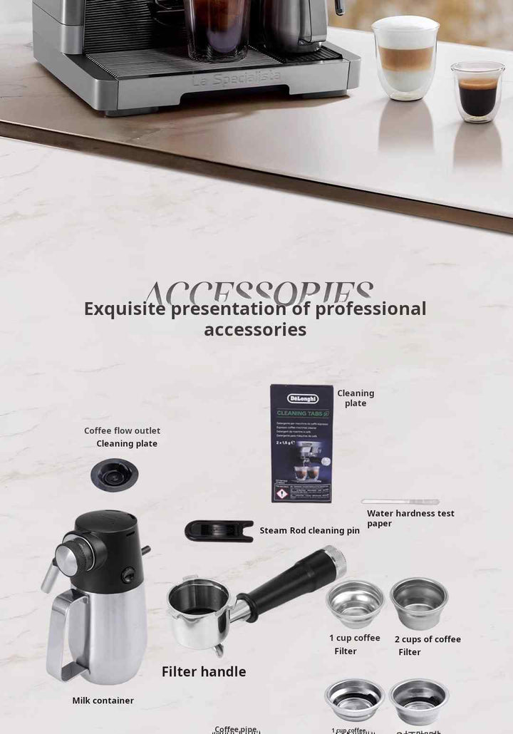 DeLonghi La Specialista coffee machine accessories including milk container, filter handle, cleaning plate, steam rod cleaning pin, water hardness test paper, and coffee filters.