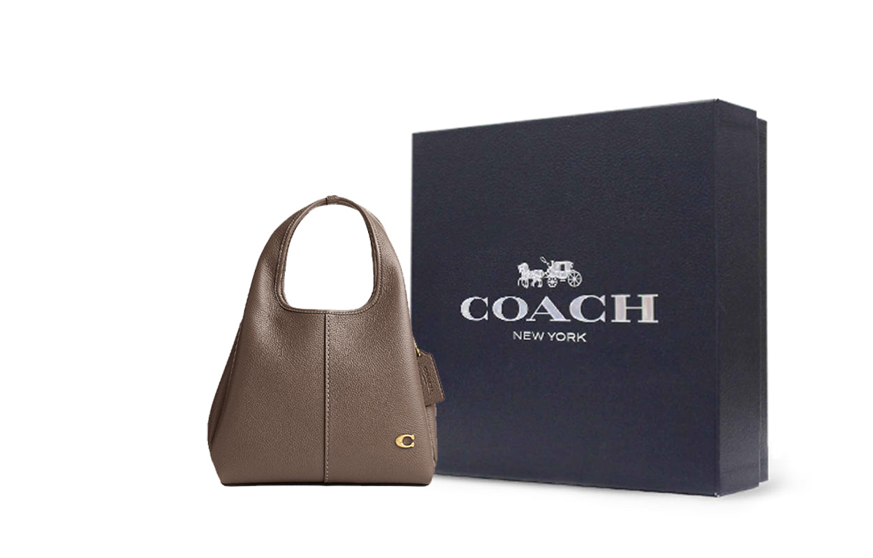 COACH Lana 23 Solid Gold Label Logo Pebble Pattern Zipper Quilted Hardware Buckle Leather Handbag Shoulder Bag Medium Women's Gray Brown