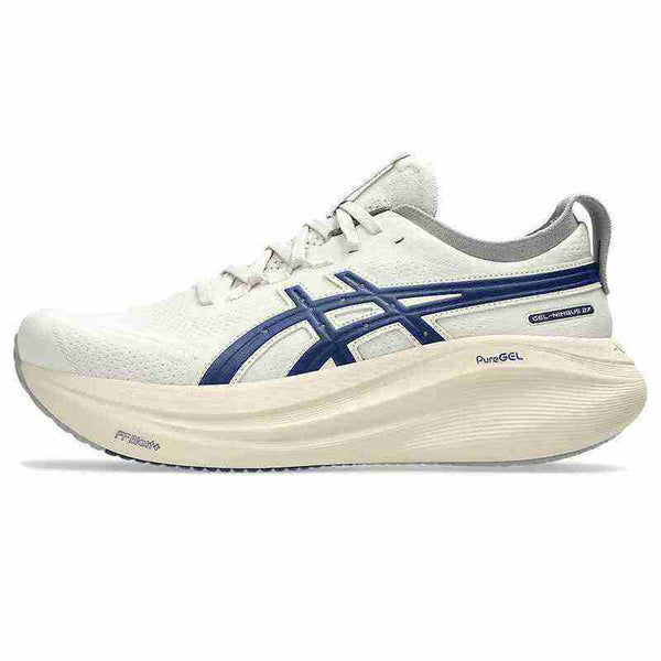 ASICS GEL-NIMBUS 27 white and navy running shoe with PureGEL cushioning and breathable mesh upper