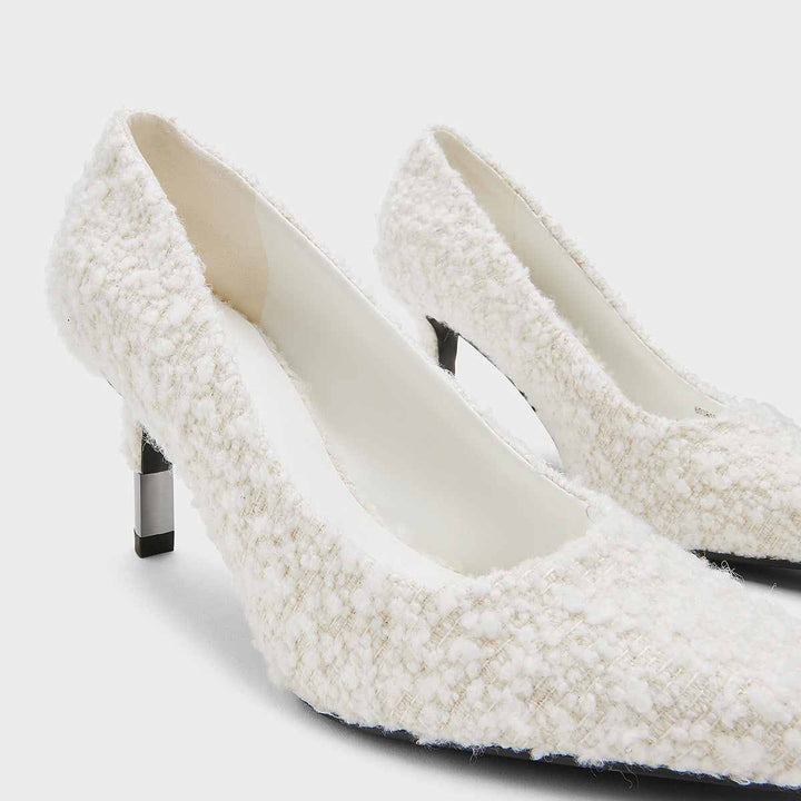 CHARLES&KEITH tweed mid-heel shoes in classic white design.