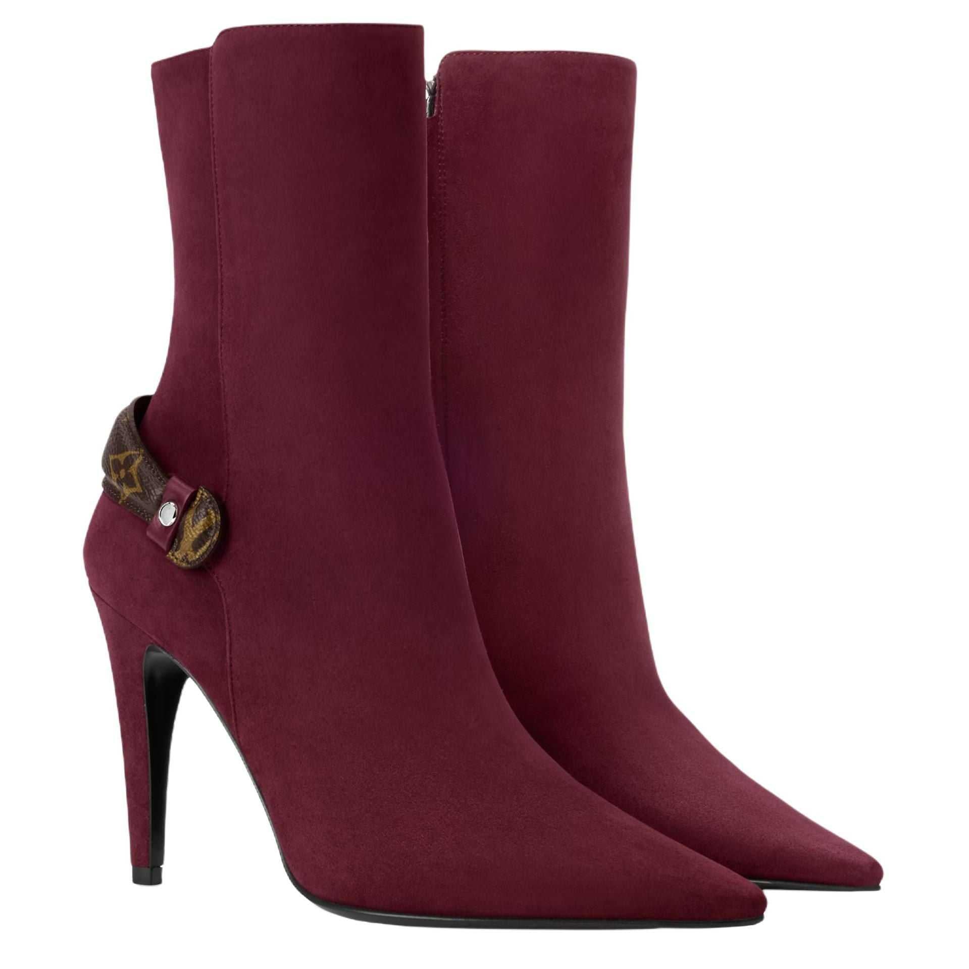 Louis Vuitton حذاء Ankle Boots شمواه باللون العنابي بكعب عالٍ.