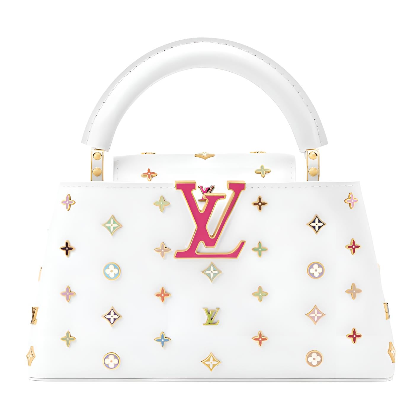 LOUIS VUITTON x Takashi Murakami Takashi Murakami Collaboration Capucines EW White Sancai Multicolor Monogram Full Metal Initials Logo Cowhide Single Shoulder Crossbody Handbag Mini Women's White