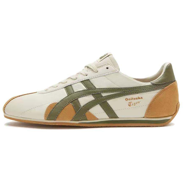 حذاء أونيتسوكا تايجر رجالي ونسائي بتصميم خاص بلون كريمي مع لمسات برتقالية وصفراء مصنوع من الجلد الناعم مع نعل مطاطي مرن وأشرطة معدنية لامعة