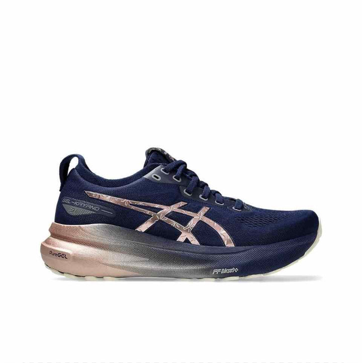 GEL-KAYANO™ 31 shoe with adaptive stability, Shibori-inspired metallic details, ideal for long-distance running.