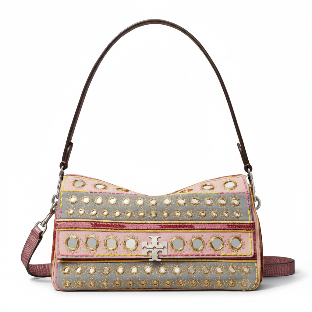 TORY BURCH Charlie brand logo, hand-embroidered craftsmanship, cotton crossbody shoulder bag, small size, women's style, pink patchwork gray