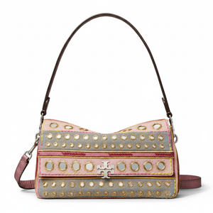 TORY BURCH Charlie brand logo, hand-embroidered craftsmanship, cotton crossbody shoulder bag, small size, women's style, pink patchwork gray