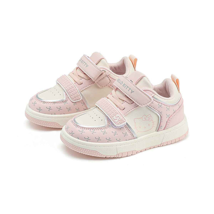 Pink Hello Kitty girls' athletic shoes with playful design and easy Velcro closure.