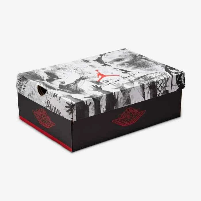 Air Jordan 1 Low shoebox with black and red design featuring signature branding.