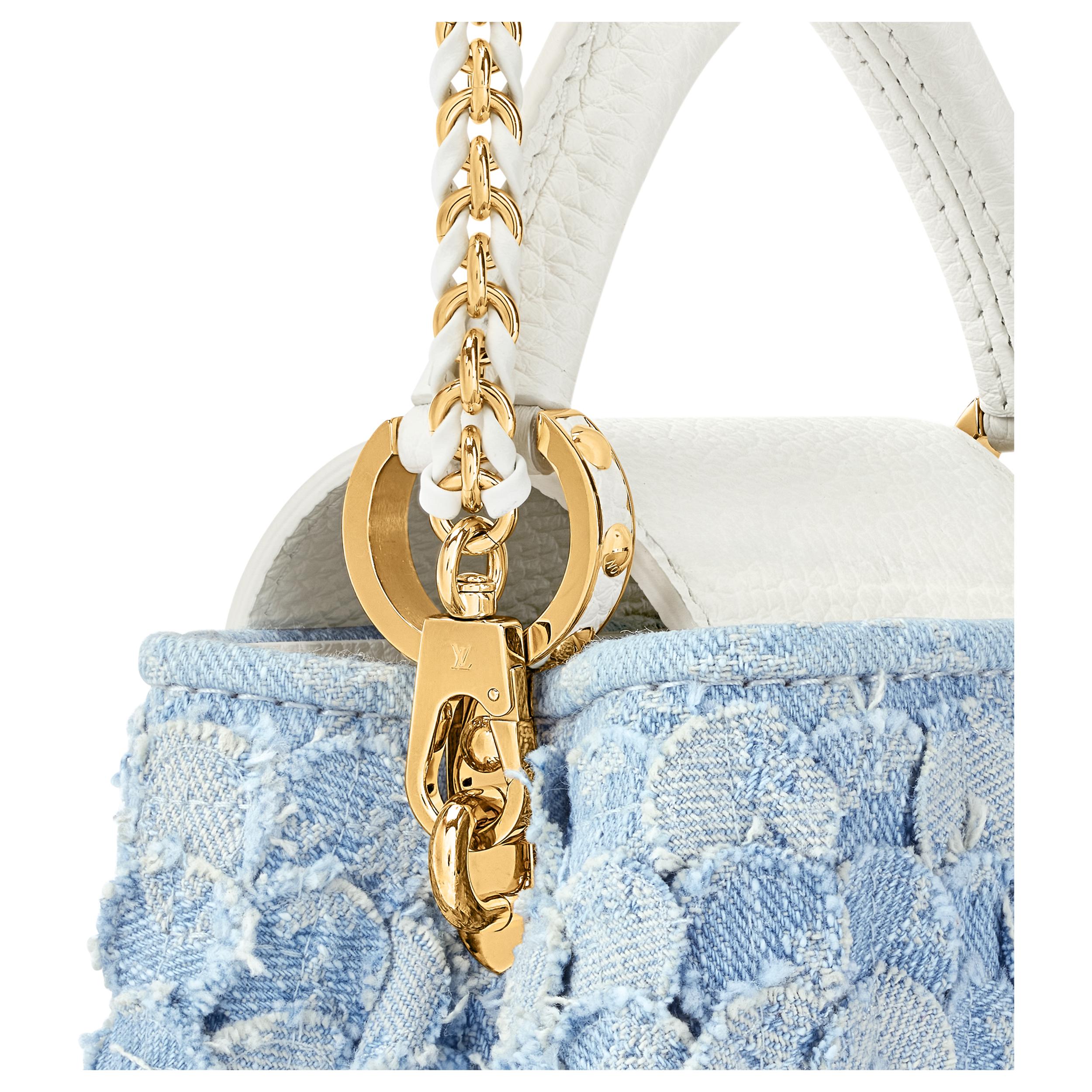 LOUIS VUITTON Capucines Denim gold floral pattern charm two-tone chain design, denim with Taurillon leather trim, single shoulder crossbody handbag, mini, women's, blue