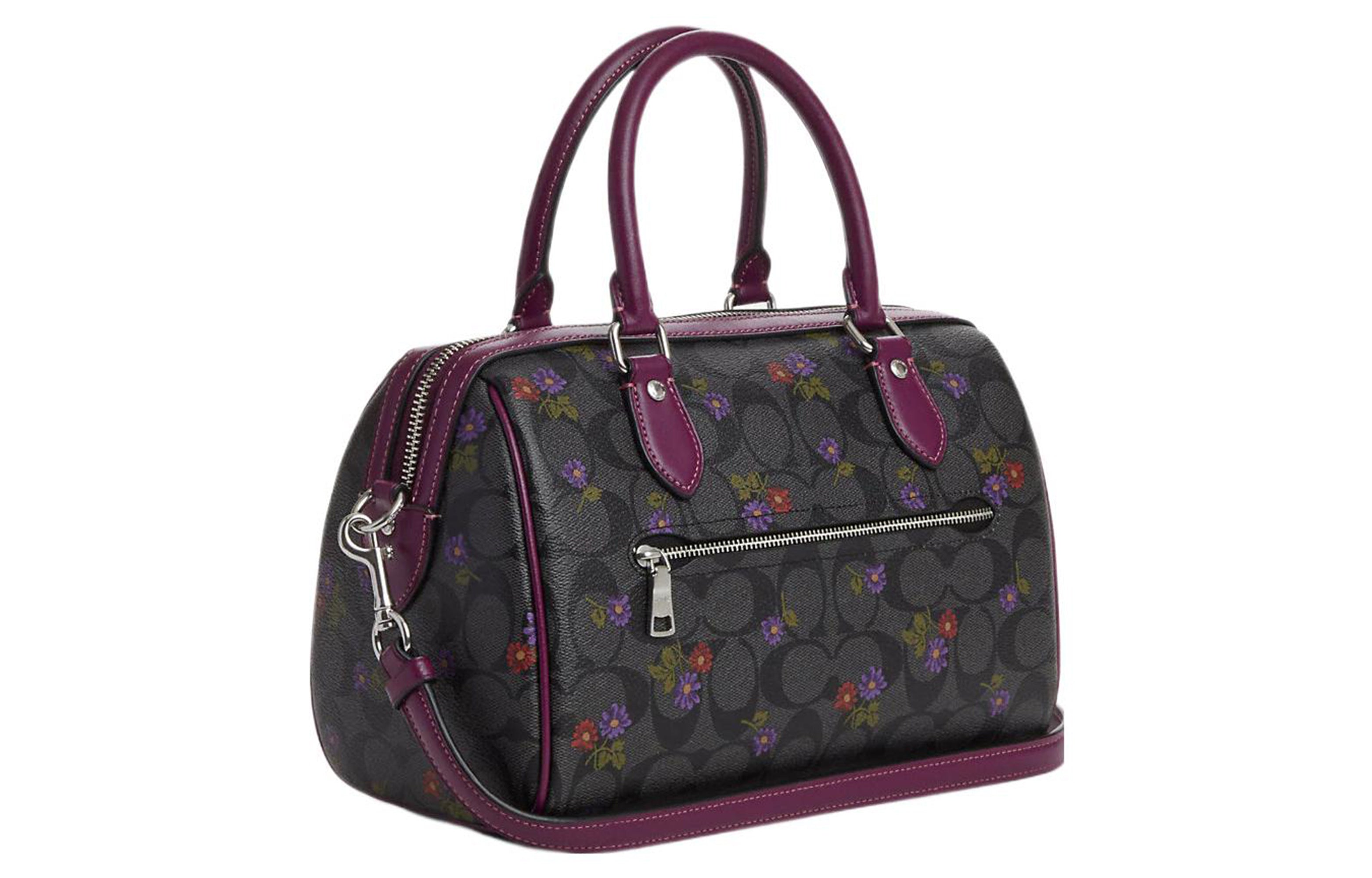 COACH Rowan 25 Signature Floral Print Coated Canvas Leather Single Shoulder Crossbody Handbag Medium Women's Silver Graphite Deep Berry Color