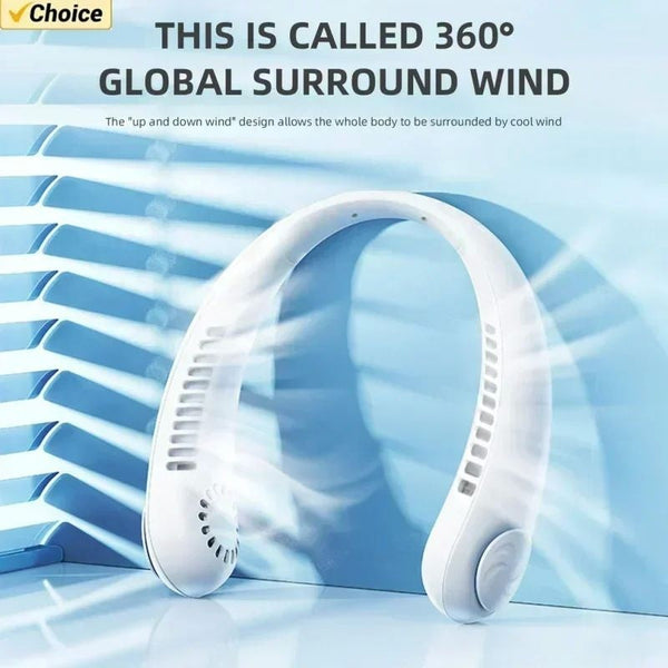 White portable mini neck hanging fan with 360-degree global surround wind design