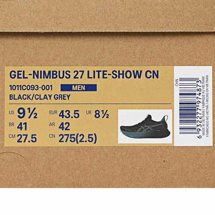 ASICS Gel-Nimbus 27 packaging with size details, black color.