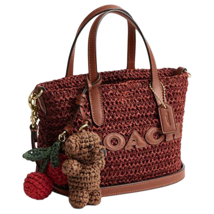 COACH City 15 Brand Logo Detachable Shoulder Strap Straw Textured Calfskin Tote Tote Mini Women's Straw Color Combination Reddish