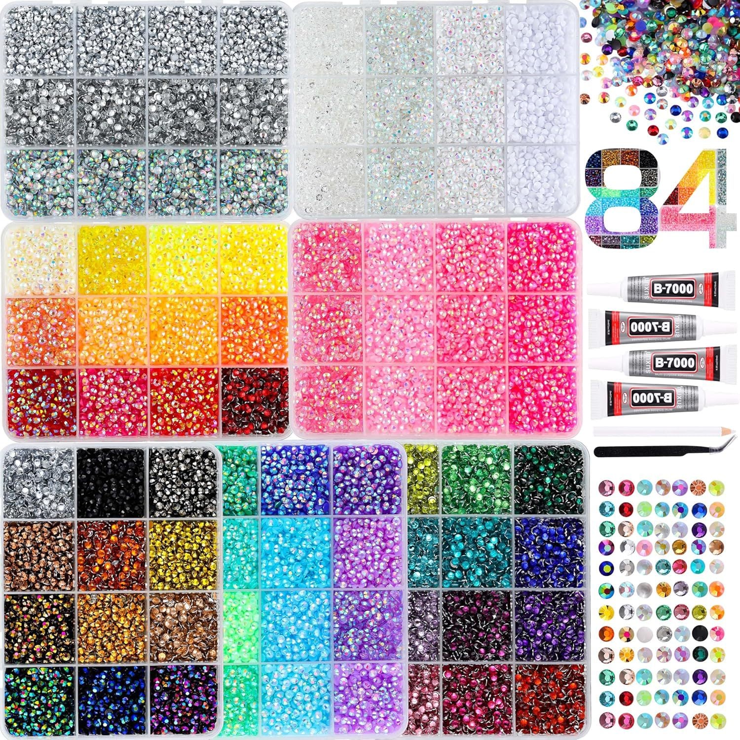 84 compartment rhinestones set with glue and tweezers - أحجار الراين 84 خانة وفصوص كريستالية