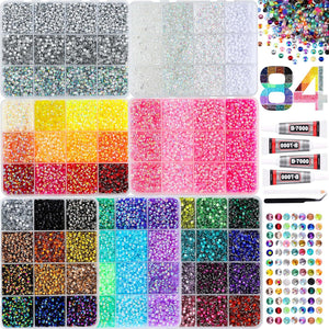 84 compartment rhinestones set with glue and tweezers - أحجار الراين 84 خانة وفصوص كريستالية