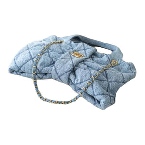 CHANEL Double C Logo Quilted Leather Chain Denim Single Shoulder Handbag Small Women's Blue
