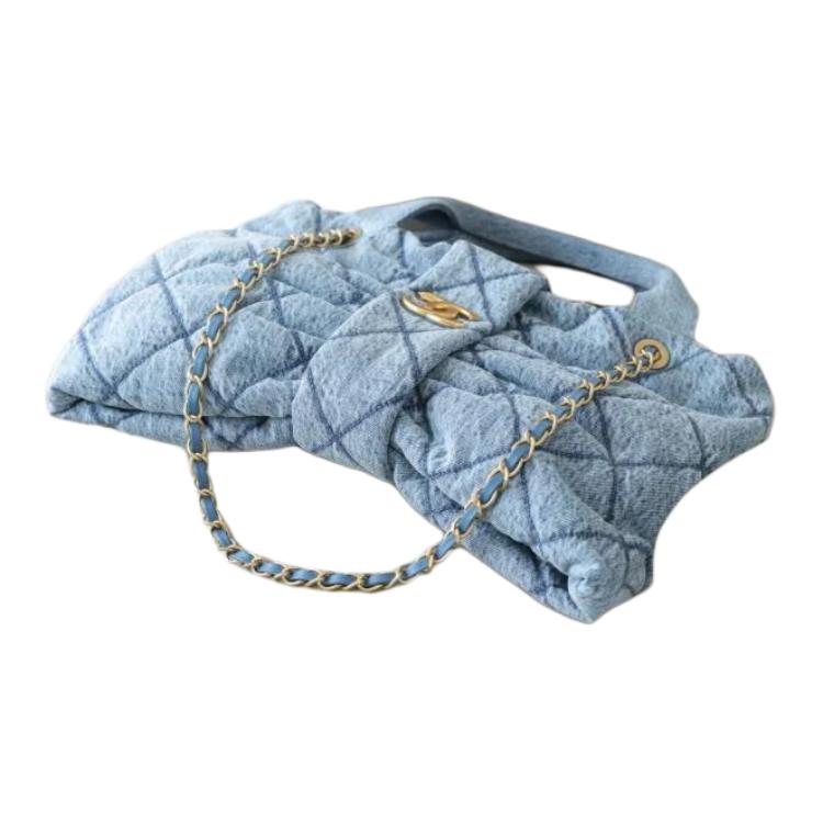 CHANEL Double C Logo Quilted Leather Chain Denim Single Shoulder Handbag Small Women's Blue