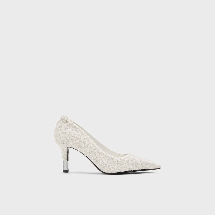 CHARLES&KEITH white tweed mid-heel shoe with classic pointed toe design.