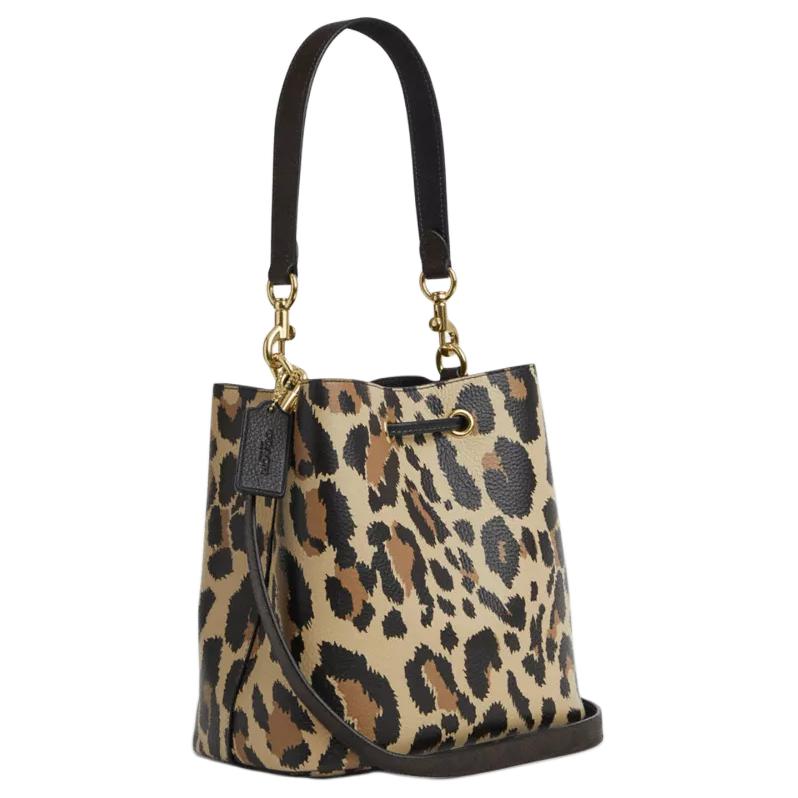 COACH Rowan 21 Detachable Shoulder Strap, Exquisite Lychee Pattern Leather Coated Canvas Bucket Bag Crossbody Single Shoulder Handbag Small Women's Leopard Print Multicolor