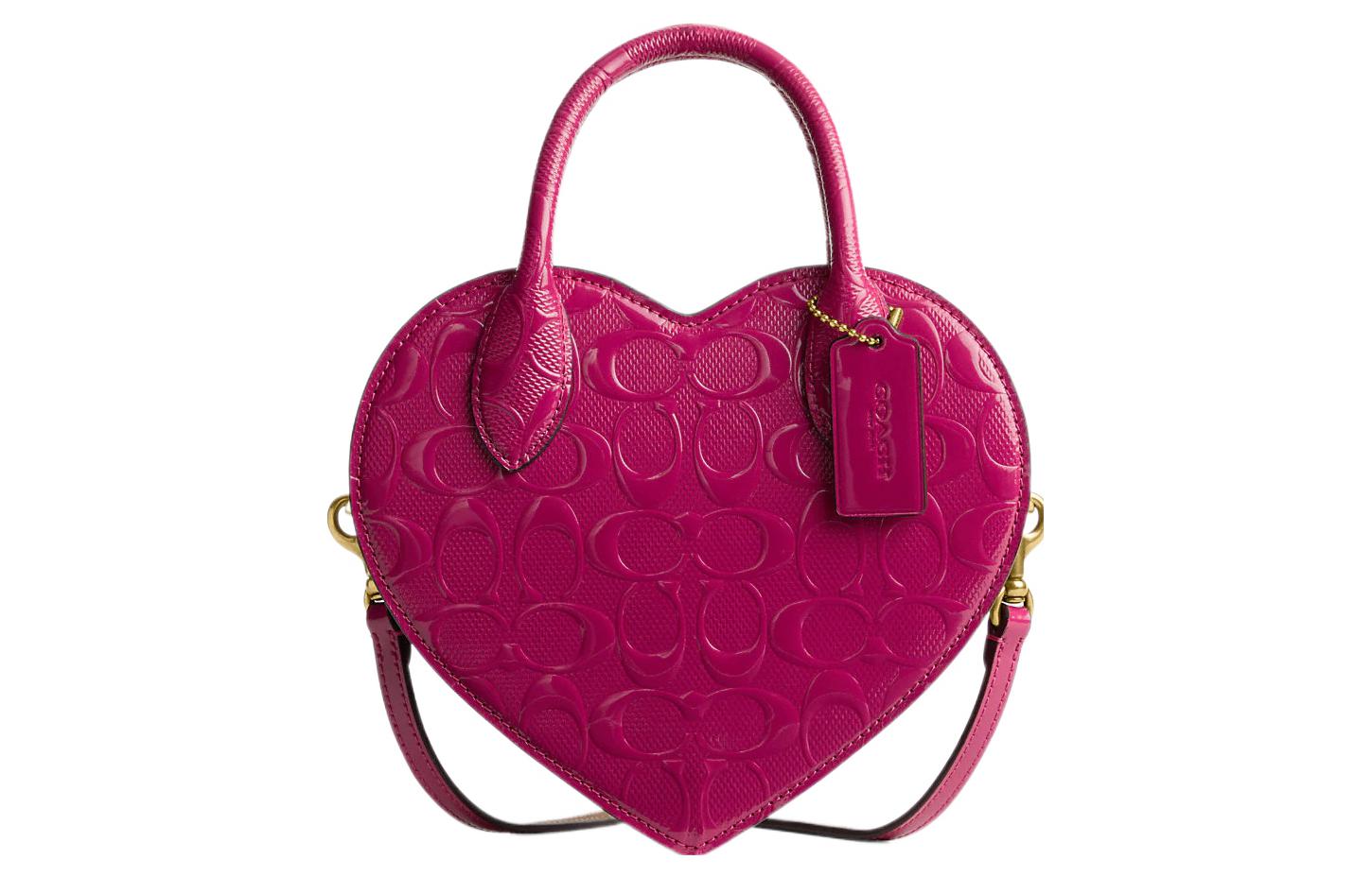 COACH Heart 20 Embossed Letter Logo Zipper Hardware Buckle Card Slot Patent Leather Heart-shaped Handheld Crossbody Single Shoulder Small Women's Pink Red