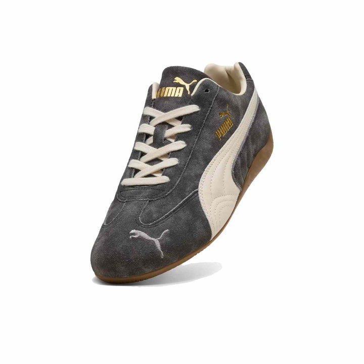 PUMA Palermo OG vintage suede sneaker in dark gray with ivory details and honey rubber sole