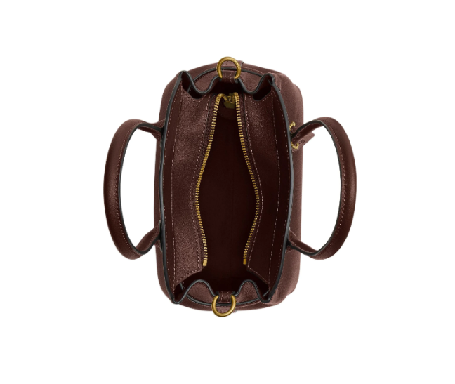 COACH Empire Carryall 21 حقيبة جلد بني داكن مع سحاب ذهبي وتنظيم داخلي متعدد الجيوب