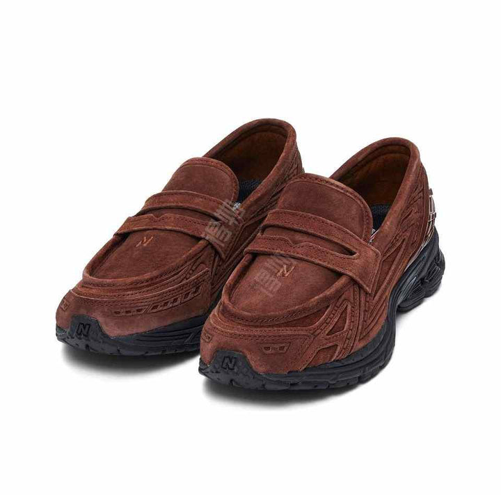 Brown New Balance 1906 casual slip-on sneakers with mesh fabric and leather accents, black rubber sole