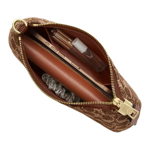 COACH Teri 25 Zipper Closure Beaded Satin Leather Single Shoulder Bag Medium Size Women's Brown