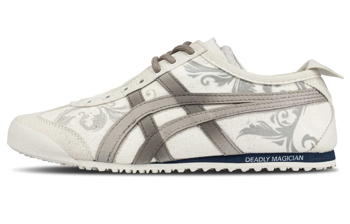 حذاء أونيتسوكا تايغر ميكسكو 66 الرمادي البني بتصميم أنيق وقماش فاخر مع نقشات زخرفية ونعل مطاطي متين