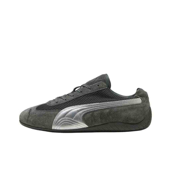 Puma Speedcat OG grey suede sneaker with silver metallic Puma logo, inspired by Formula 1 racing shoes.