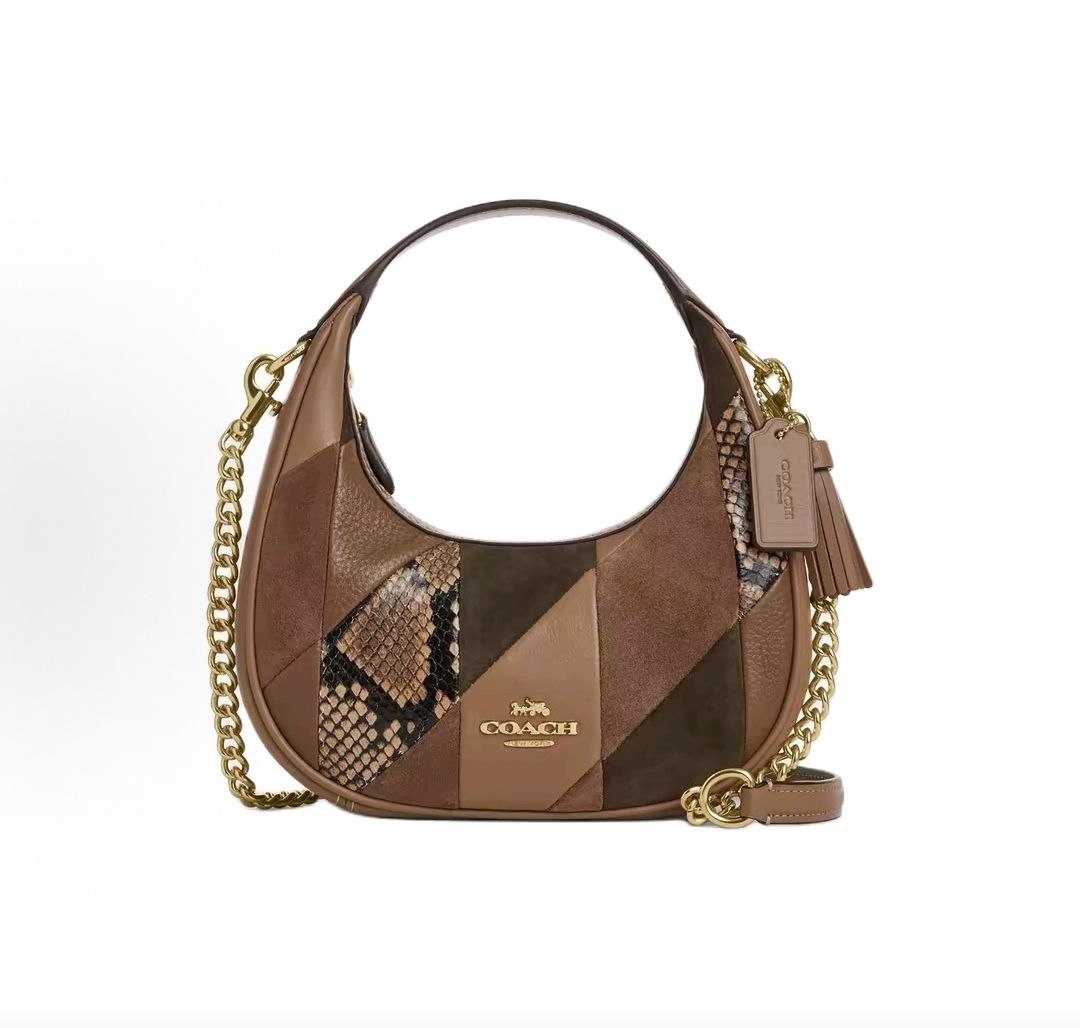 COACH Carmen 20 Patchwork Design, Silver Logo, Leather Handbag, Small Size, Women's, Mushroom Brown. Global Shopping