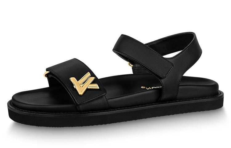 Louis Vuitton صندل Flat نسائي جلد أسود مريح بشعار ذهبي.